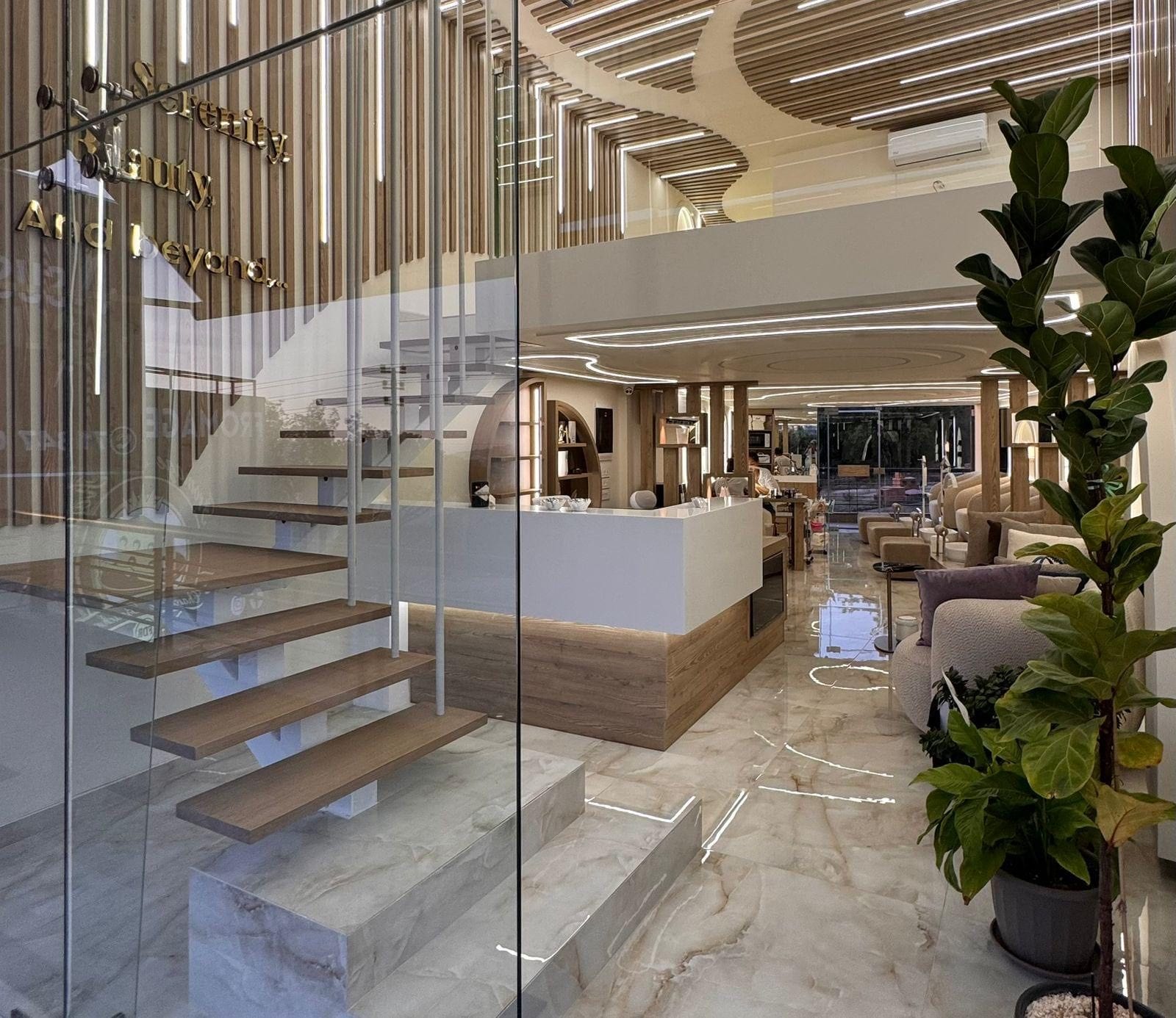 Marble staircase and glass entrance of Oshun Beauty Spa in Ballouneh