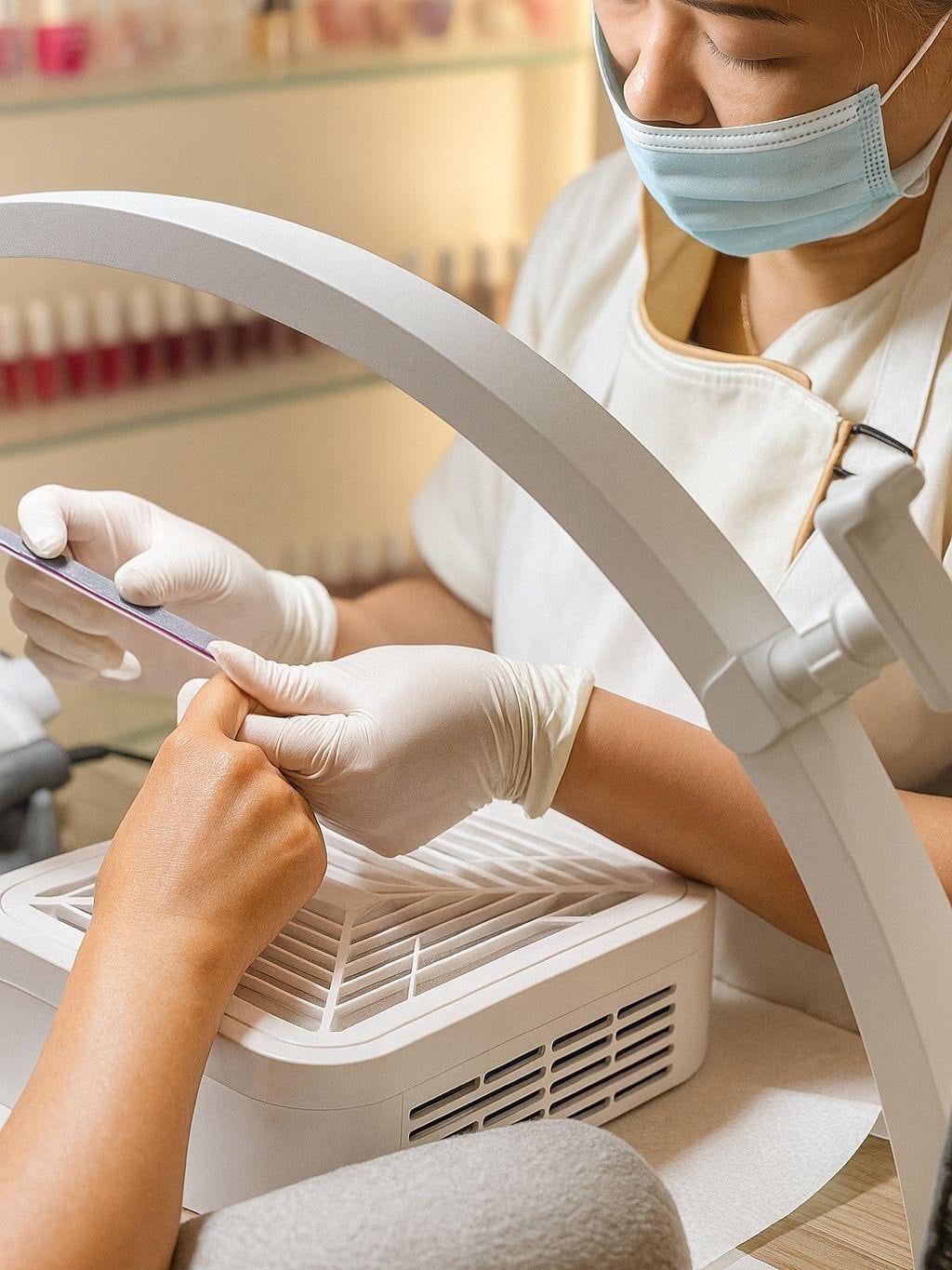 Gloved technician at Oshun Beauty Spa preparing a client's cuticles under a magnifying lamp